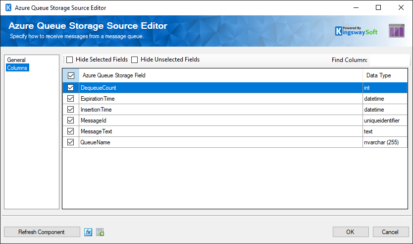 Azure Queue Storage Source - Columns